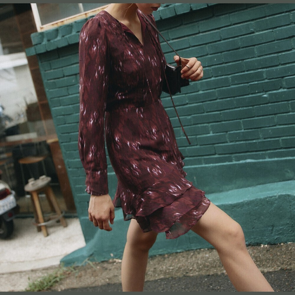 Burgundy Abstract Print Tie Neck Long Sleeve Tiered Ruffle Mini Dress
